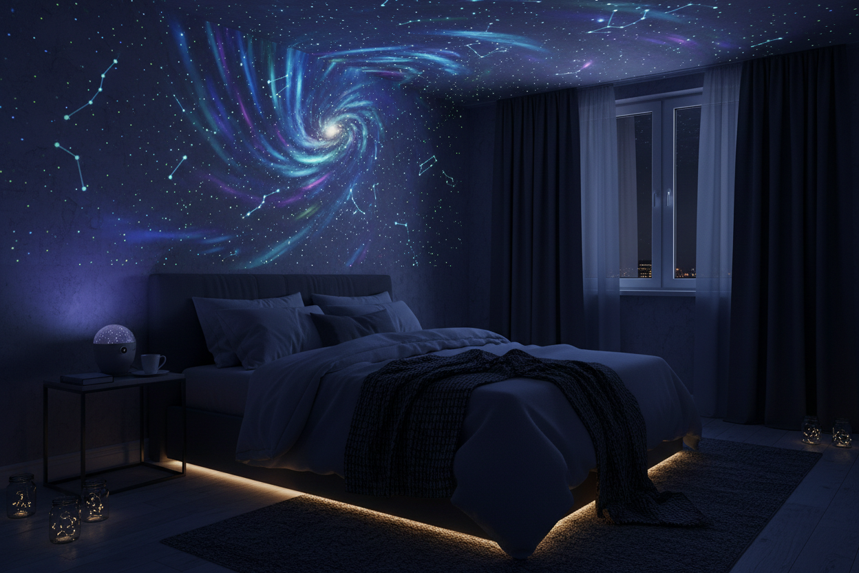 Starry sky projection light casting galaxy patterns across a dark bedroom ceiling